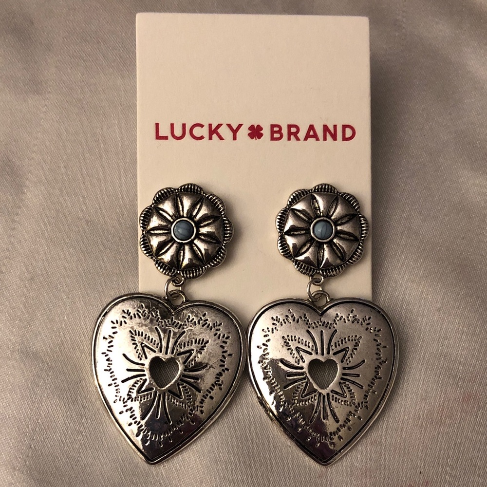 Lucky Brand Silver Tone Flower & Etched Heart Drop Earrings Turquoise Accent NEW